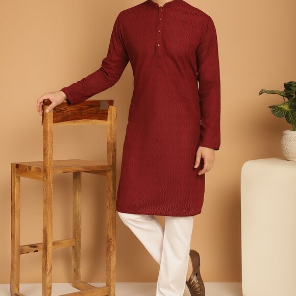 Designer Maroon Chikankari Embroidered Kurta Pajama - Picture 5 of 8